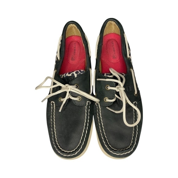 Sperry Black and Animal Print Top-Sider Boat Shoes - Picture 2 of 10
